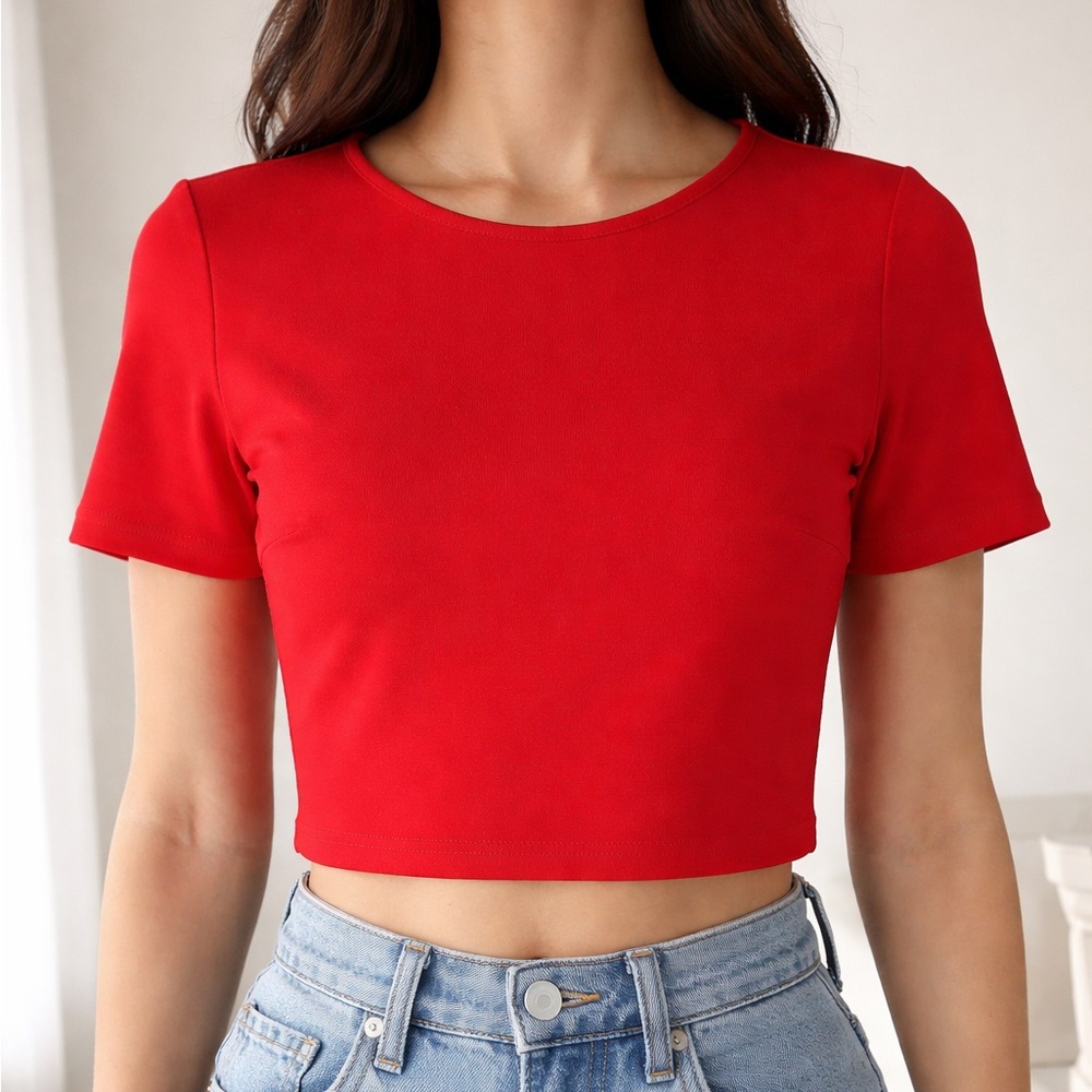 Express Red Cropped Short Sleeve Top Stretch Zip Back Size Small